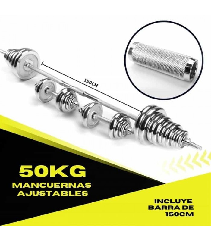 Set de Mancuernas 50kg Cromadas + Barra 150cm
