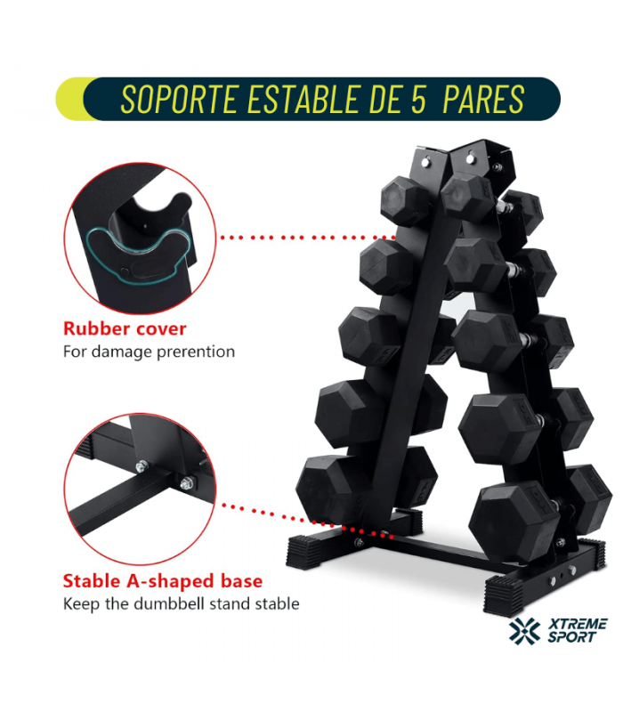 Set de 5 Mancuernas Hexagonales + Soporte RacK