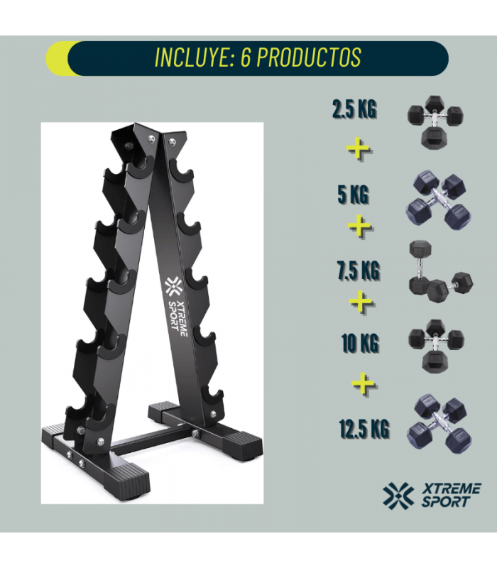 Set de 5 Mancuernas Hexagonales + Soporte RacK
