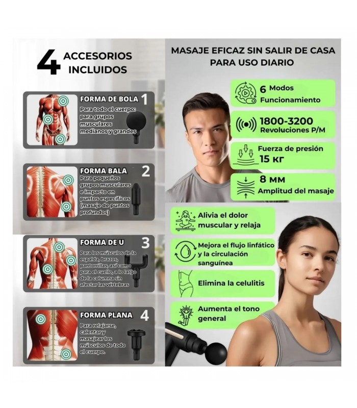 Pistola Masajeador Muscular de 4 Cabezales 6 Velocidades