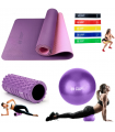 Combo Fitness Yoga Mat Antideslizante + Ligas + rodillo Roller +Pelota25cm