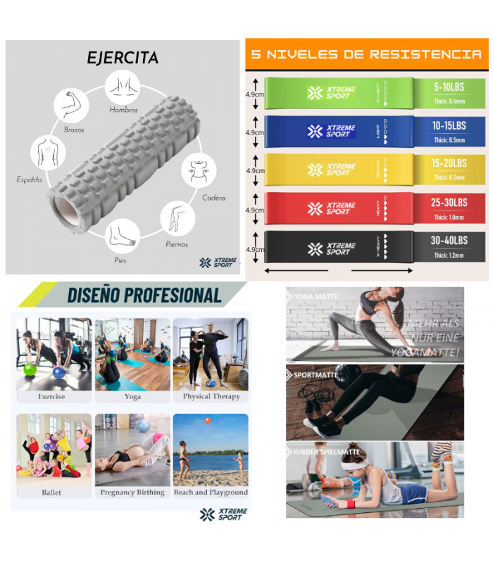 Combo Fitness Yoga Mat Antideslizante + Ligas + rodillo Roller +Pelota25cm