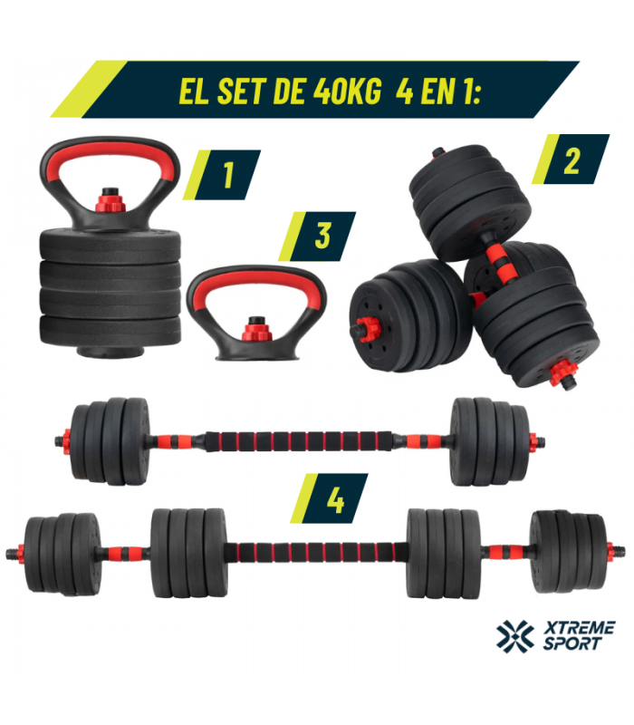 Mancuernas Set de 40 Kg Convertibles + Barra + Asas