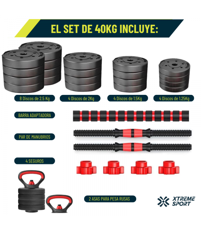 Mancuernas Set de 40 Kg Convertibles + Barra + Asas