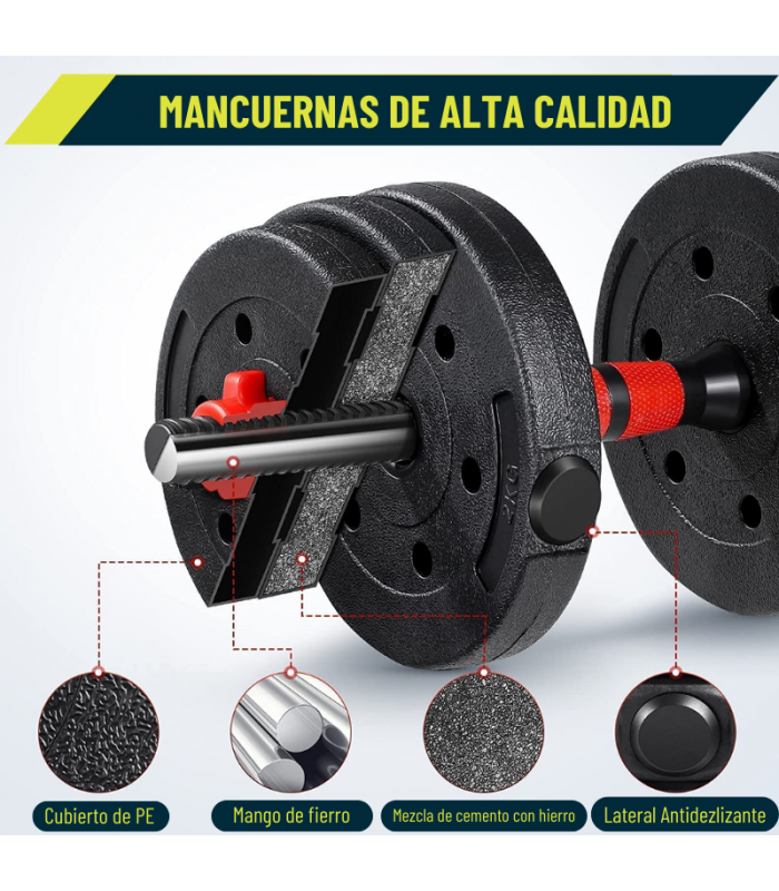 Mancuernas Set de 40 Kg Convertibles + Barra + Asas